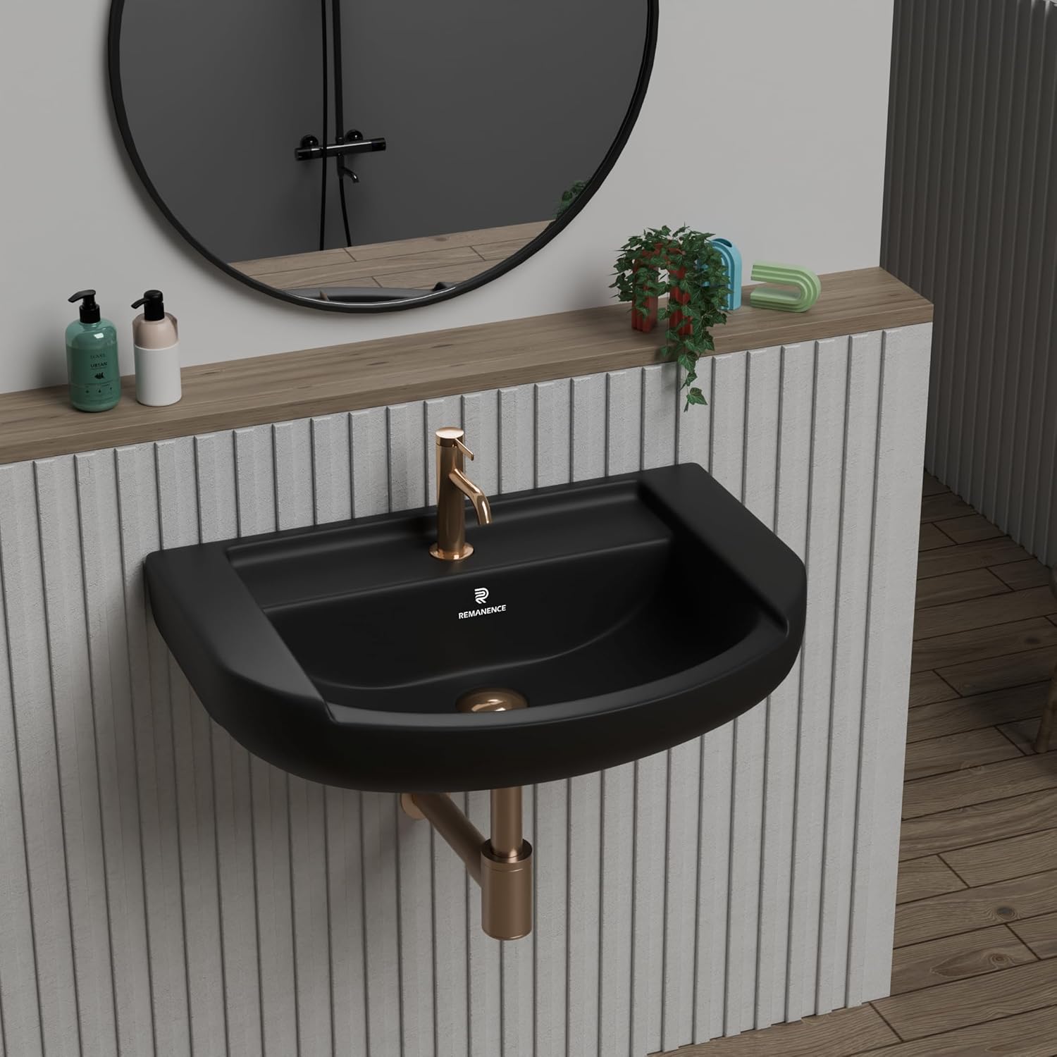 REMANENCE-GOLDEN Ceramic Wall Hung Corner Wash Basin for Bathroom (18.5 x 14 x 7.5 Inch)