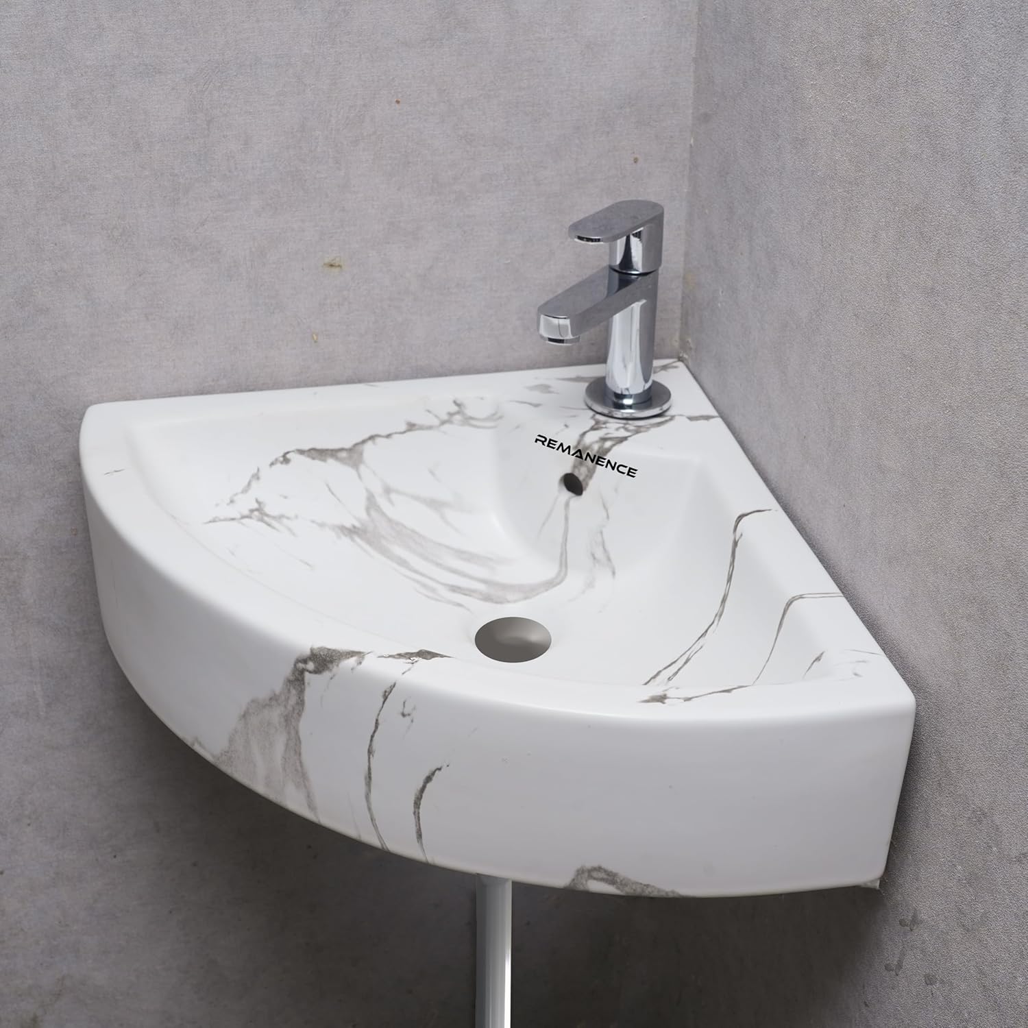 REMANENCE Ceramic Designer Wall Mounted Corner Wash Basin (20.4 x 15 x 6 Inch)