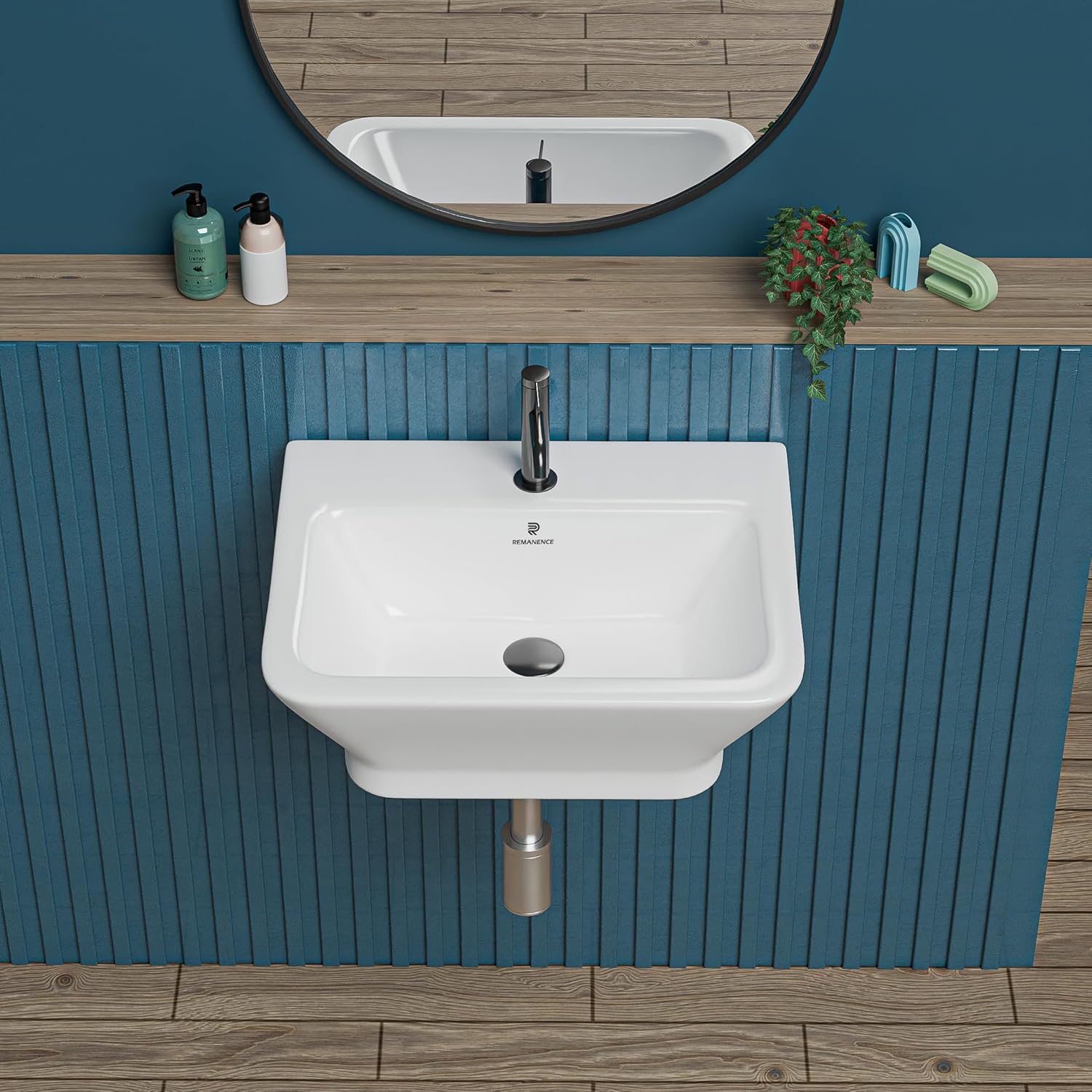 REMANENCE-HARIHAR Ceramic Wall Mounted Wash Basin for Compact Bathrooms, Restaurants & Cafés, Office Washrooms (15.7 x 13 x 6 Inch) (White)