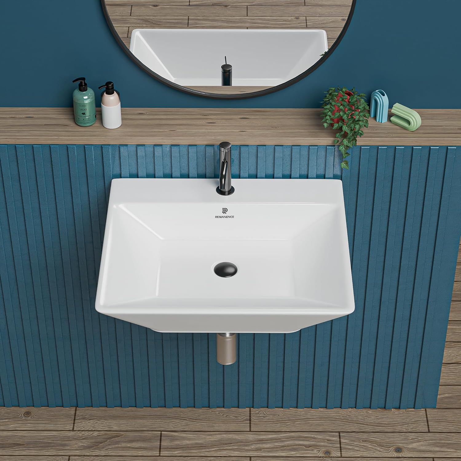 REMANENCE-LUMINA Ceramic Wall Mounted Wash Basin for Compact Bathrooms, Restaurants & Cafés, Office Washrooms (17 x 14.7 x 5 Inch) (White)