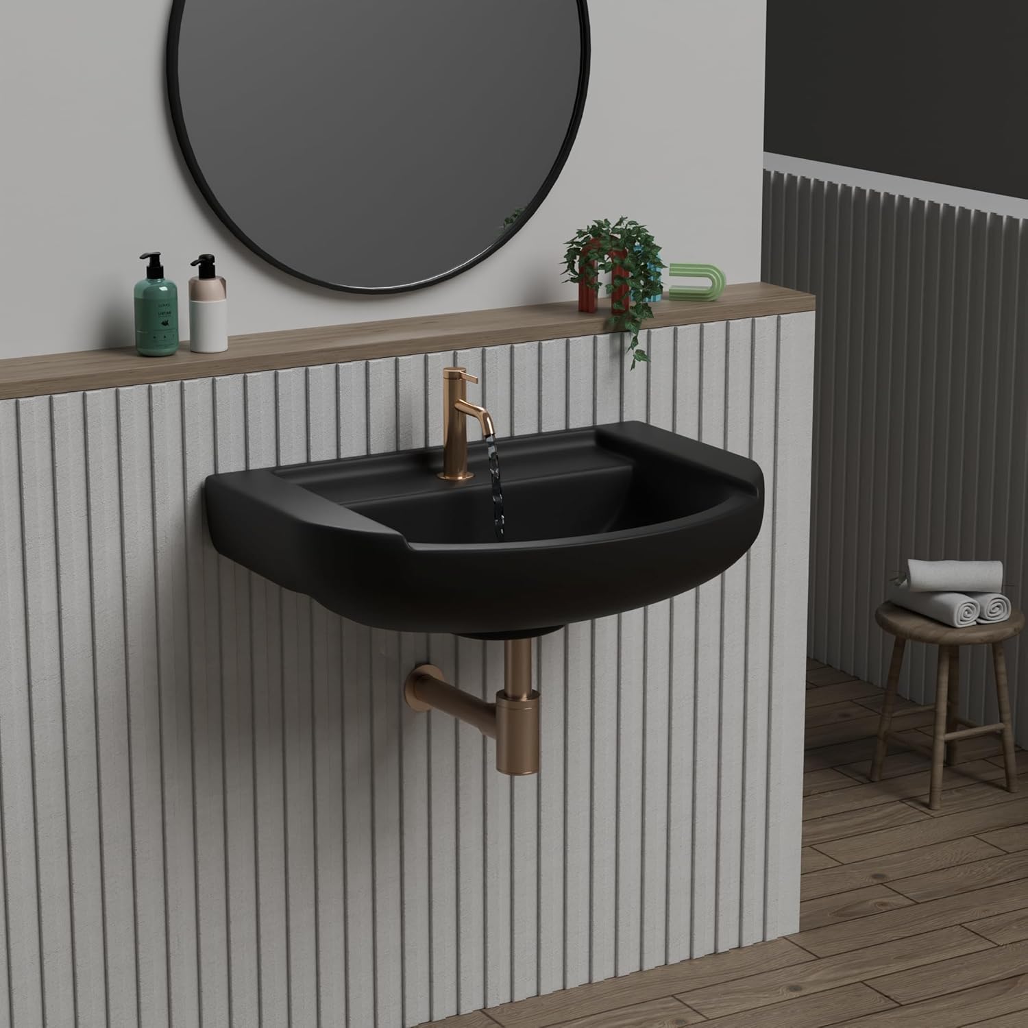 REMANENCE-GOLDEN Ceramic Wall Hung Corner Wash Basin for Bathroom (18.5 x 14 x 7.5 Inch)