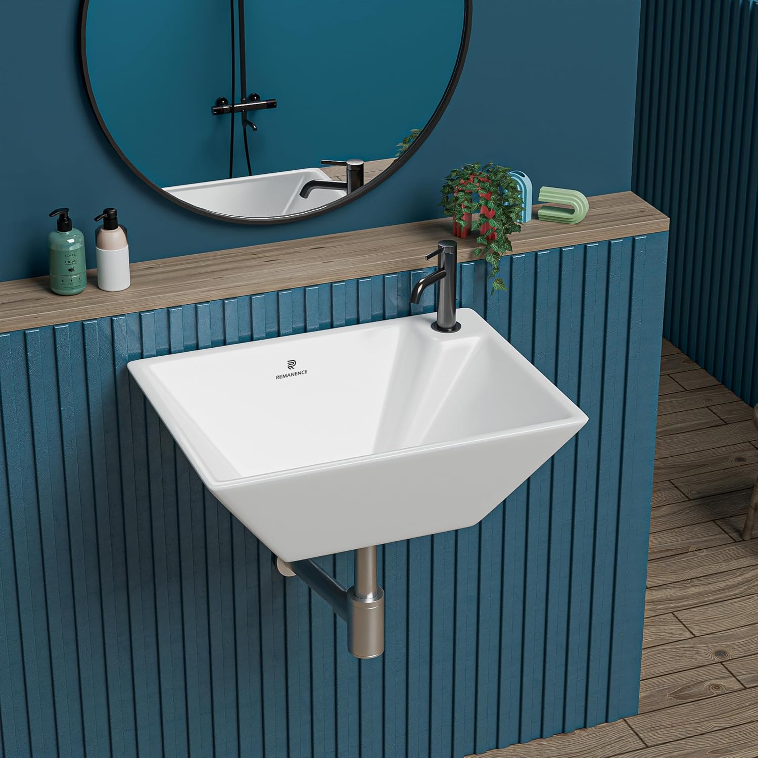 REMANENCE-SAGA Ceramic Wall Mounted Wash Basin for Compact Bathrooms, Restaurants & Cafés, Office Washrooms (14 x 10 x 5 Inch) (White)