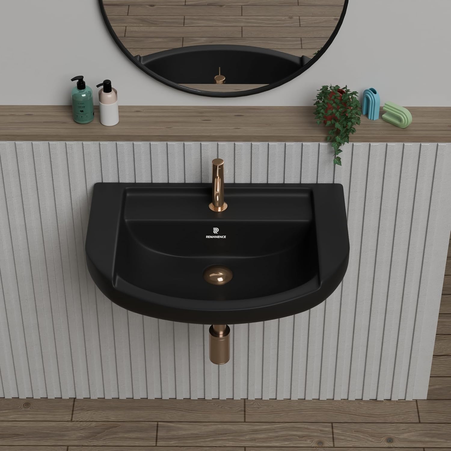 REMANENCE-GOLDEN Ceramic Wall Hung Corner Wash Basin for Bathroom (18.5 x 14 x 7.5 Inch)