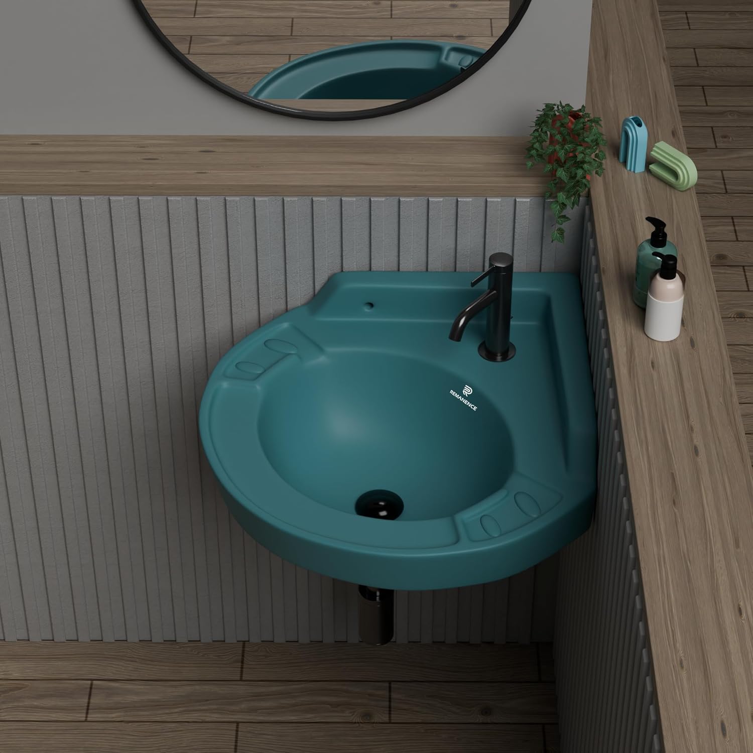 REMANENCE Ceramic Wall Mounted Corner Wash Basin For Compact Bathroom, Restaurant and Cafés, Powder Rooms (17 x 15 x 7.5 Inch) (Black)