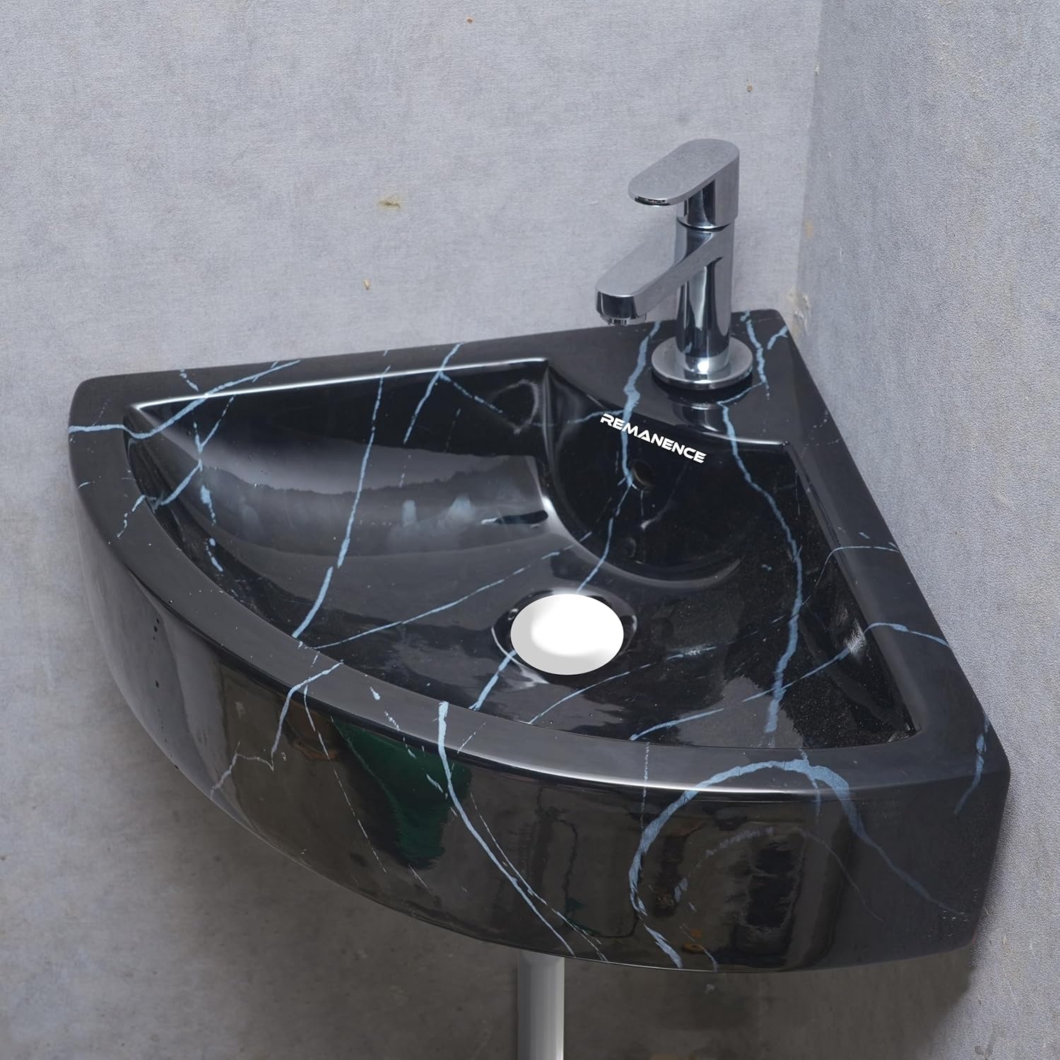 REMANENCE Ceramic Designer Wall Mounted Corner Wash Basin (20.4 x 15 x 6 Inch)