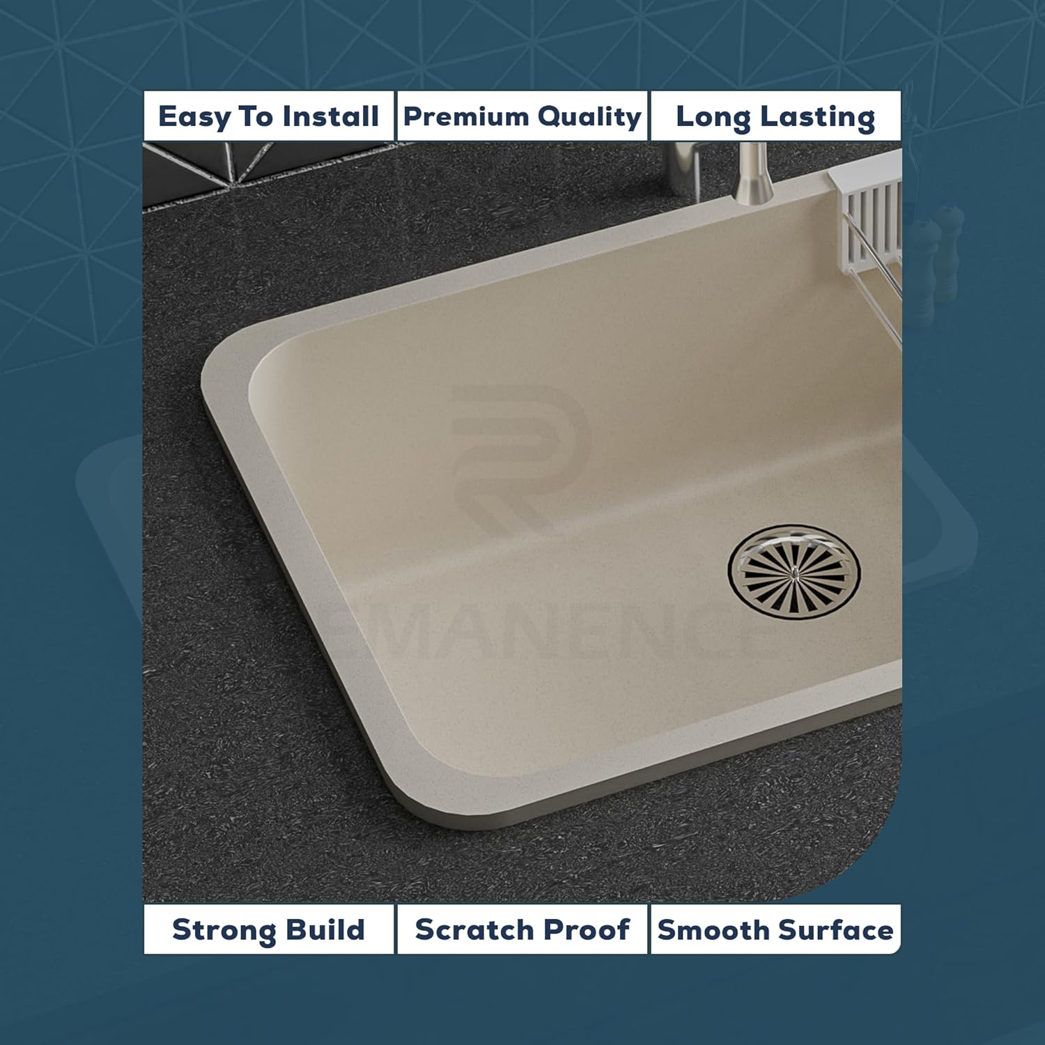 REMANENCE Granite Quartz Single Bowl Matte Finish Kitchen Sink With Drainer Basket (31 x 19 x 9 Inch) (Ivory)