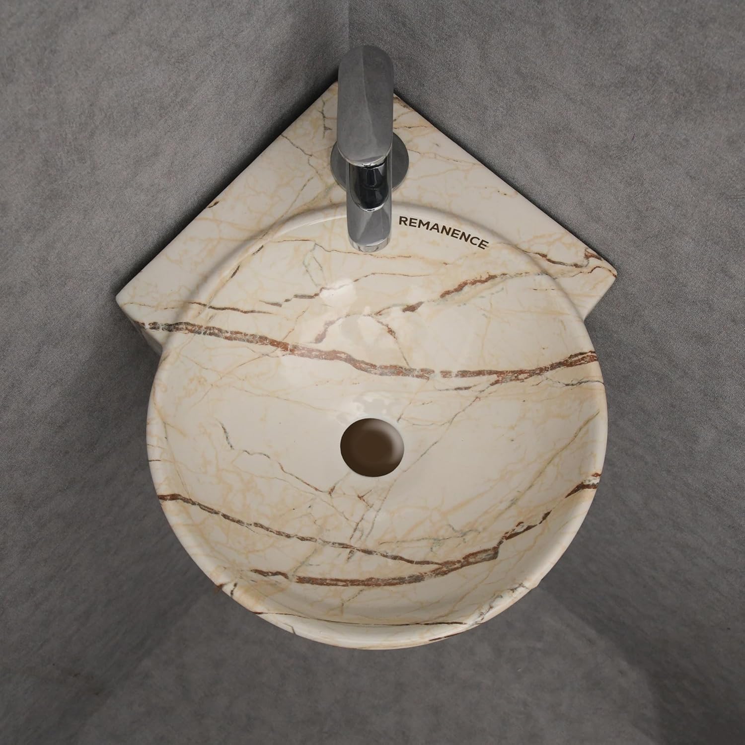 REMANENCE-ROUND Designer Wall Mounted Small Corner Wash Basin for Bathroom (16.3 x 13.8 x 4.3 Inch)