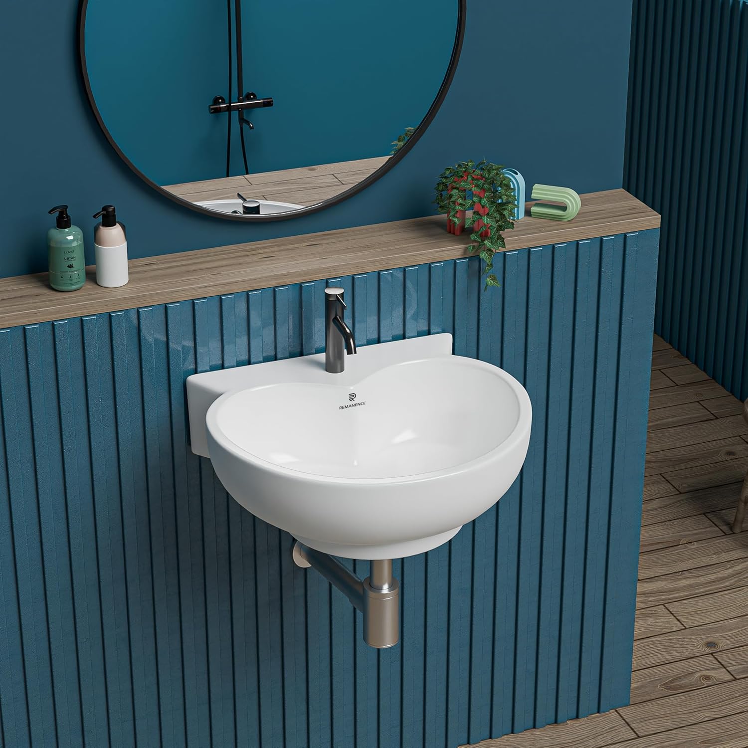 REMANENCE-HEART Ceramic Wall Mounted Wash Basin for Compact Bathrooms, Restaurants & Cafés, Office Washrooms (16 x 15 x 5 Inch) (White)