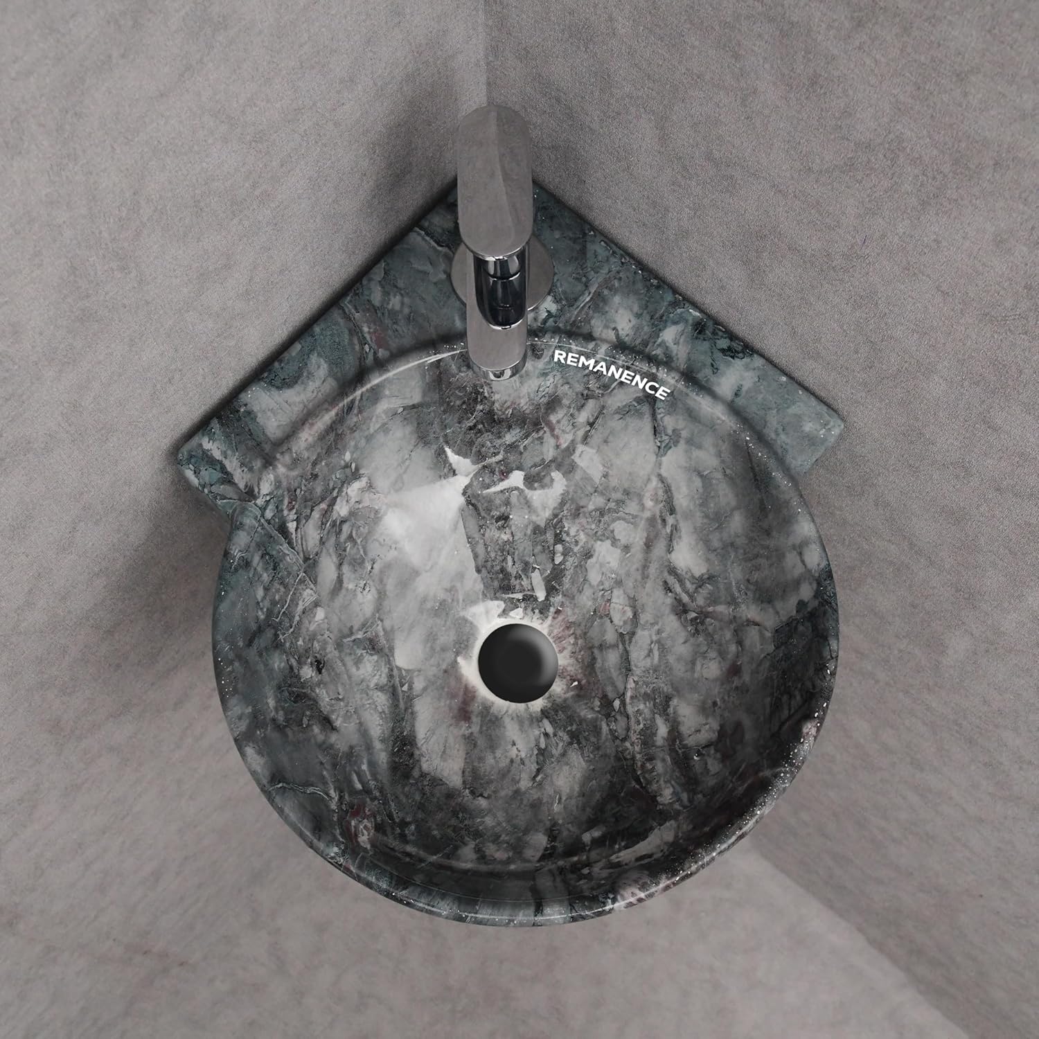 REMANENCE-ROUND Designer Wall Mounted Small Corner Wash Basin for Bathroom (16.3 x 13.8 x 4.3 Inch)