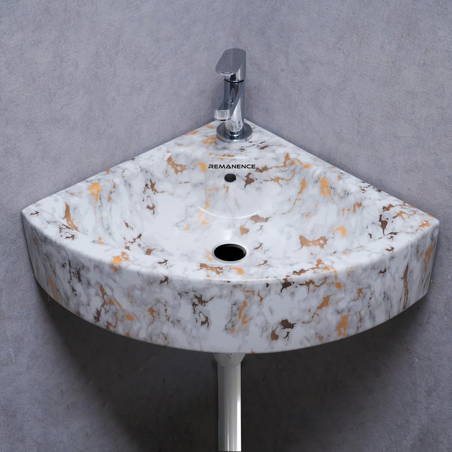 REMANENCE Ceramic Designer Wall Mounted Corner Wash Basin (20.4 x 15 x 6 Inch)