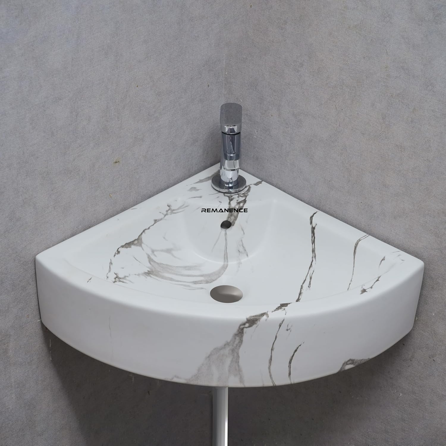 REMANENCE Ceramic Designer Wall Mounted Corner Wash Basin (20.4 x 15 x 6 Inch)