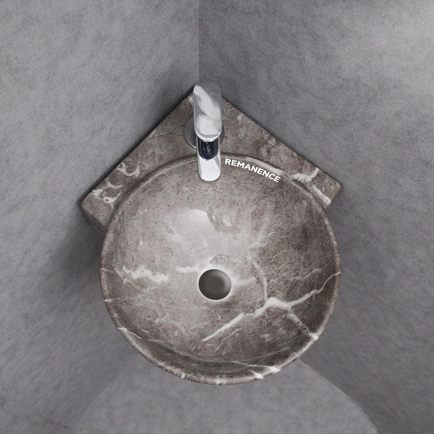 REMANENCE-ROUND Designer Wall Mounted Small Corner Wash Basin for Bathroom (16.3 x 13.8 x 4.3 Inch)