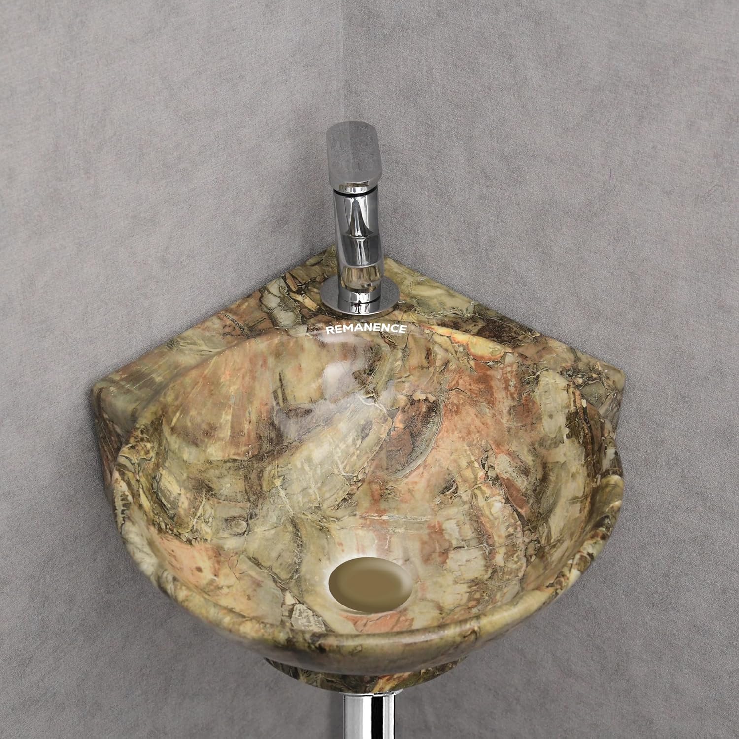 REMANENCE-ROUND Designer Wall Mounted Small Corner Wash Basin for Bathroom (16.3 x 13.8 x 4.3 Inch)