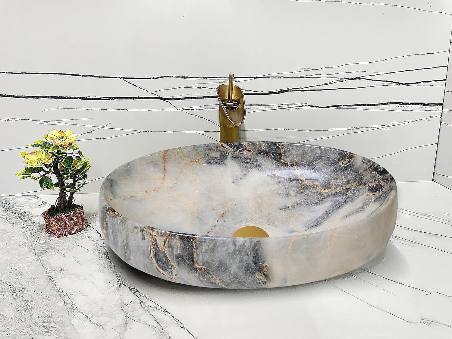 REMANENCE Ceramic Countertop Wash Basin for Designer Bathroom, Boutique Hotels, Luxury Homes (24 x 15 x 6 Inch) (Marble Beige)