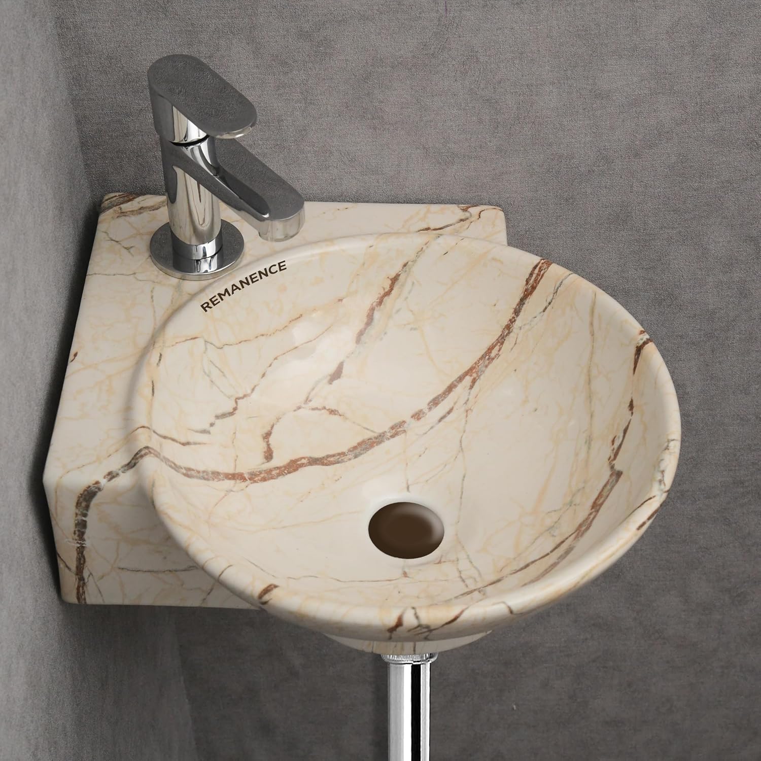 REMANENCE-ROUND Designer Wall Mounted Small Corner Wash Basin for Bathroom (16.3 x 13.8 x 4.3 Inch)