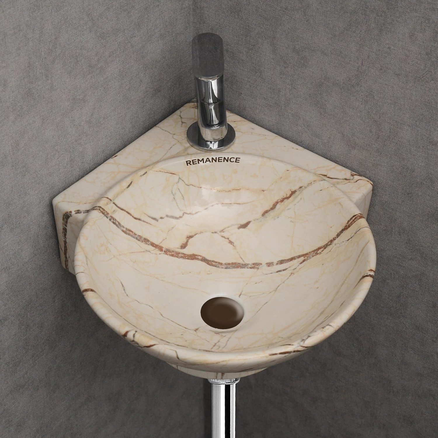 REMANENCE-ROUND Designer Wall Mounted Small Corner Wash Basin for Bathroom (16.3 x 13.8 x 4.3 Inch)